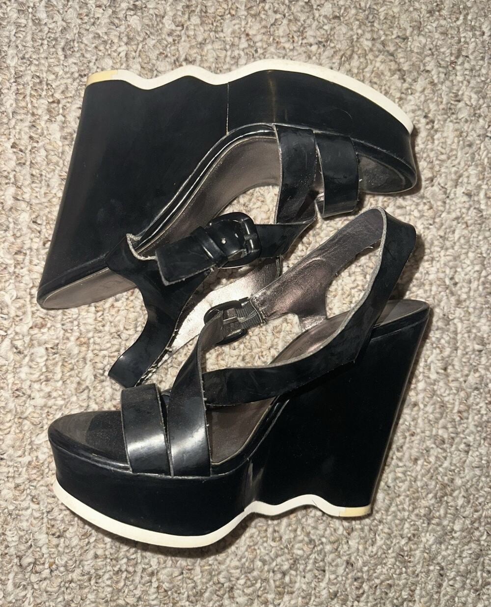 Women's Black & White Platform Wedge Ankle Strap Sandals Buckle US 7